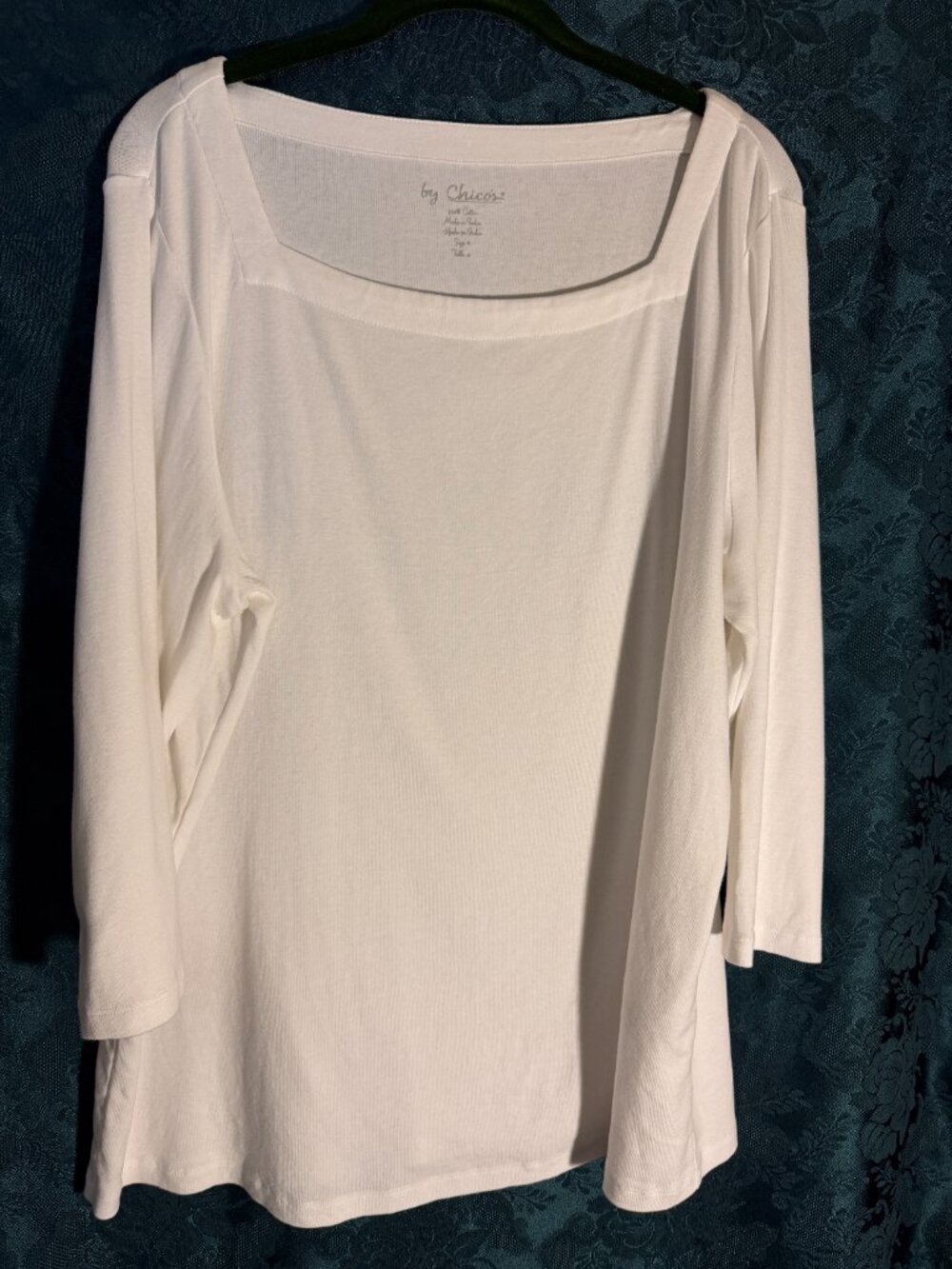 Chicos 100% Pima Cotton White Square Neck 3/4 Sleeve Top/Tunic Sz 4 (2XL)